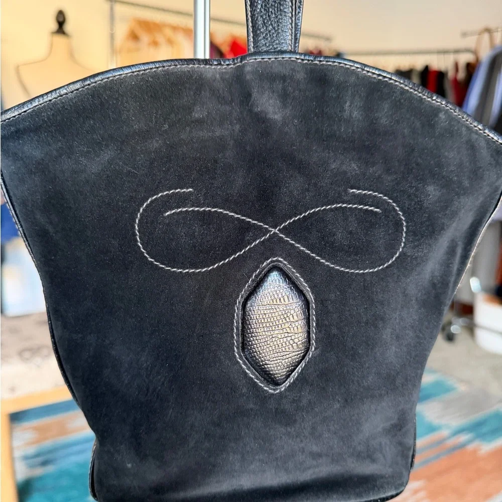 Vintage Roberto Ricci Black Suede Western Bag Stamped Lizard Trim Details
